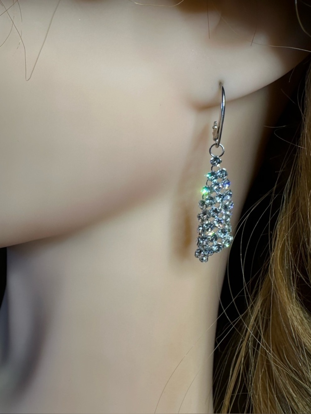 Sterling Silver stamped Crystal Mesh Earrings Czech Statement Drops